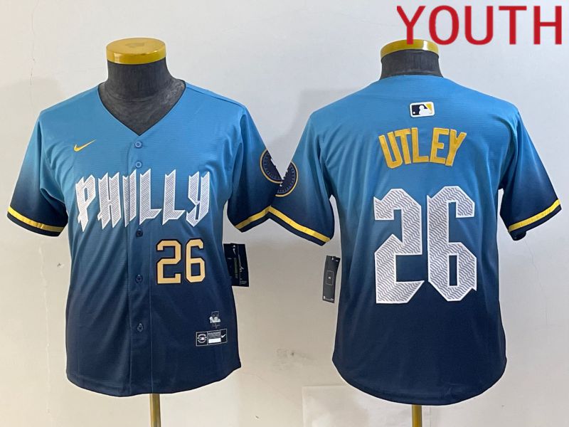 Youth Philadelphia Phillies 26 Utley Blue City Edition 2024 Nike MLB Jersey style 3